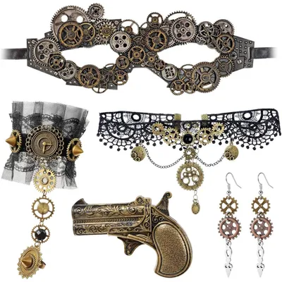 Zdjęcie produktu dla Zestaw akcesoriów steampunk dla kobiet: maska, naszyjnik, bransoletka, kolczyki, pistolet