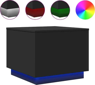 A collage showing a black coffee table with LED lights and smaller circular images displaying different color options and a color wheel.
