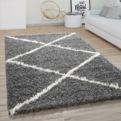 Produktbild von Hochflor Teppich Wohnzimmer Shaggy Skandinavisches Rauten Muster, Modern Dunkel Grau Grösse 160x220 cm