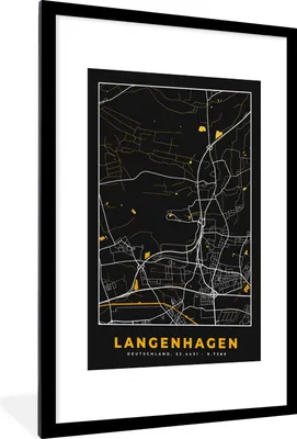 Produktbild von MuchoWow® Gerahmtes Poster Schwarz und Gold - Stadtplan - Langenhagen - Deutschland - Karte 60x90 cm - Poster mit Schwarzem Bilderrahmen Wandposter Rahmen Foto Bilder - Dekoration - Wandposter Wohnzimmer - Hochwertig
