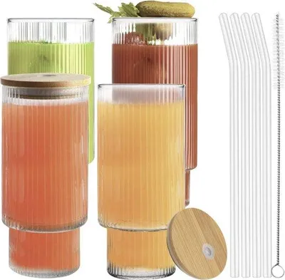 Produktbild von Famanu Vintage Trinkbecher mit Deckel und Strohhalm - 4er Set 16 oz