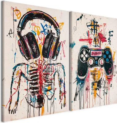 Immagine prodotto di murando - Set di quadri Handart Scheletro con cuffie Stampa d'arte su tela 120x90cm 2 pezzi ciascuno 60x90cm Collage 2er Immagini d'arte come dipinto a mano grande arte da parete XXL - per Gamer i-H-10018-b-a