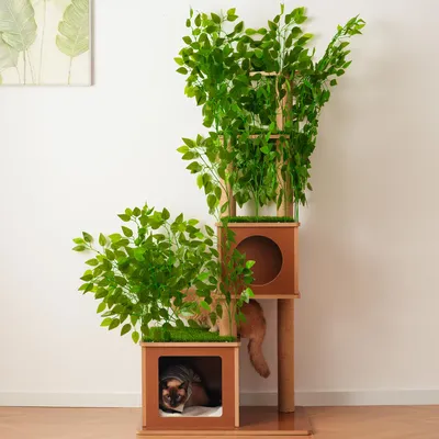 Produktbild von MODFU Katzenbaum 175 cm, XXL Katzenkratzbaum mit 2 Katzenhöhlen, Sisal-Kratzstämmen und Kletterebenen, Katzenmöbel im Baumdesign für mehrere Katzen, Braun+Grün