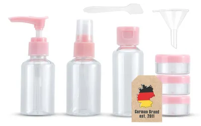 Obrázok produktu pre Intirilife sada fliaš ROSA TRANSPARENT - viacdielna sada s prázdnymi fľašami, nádobami, lievikom na plnenie, na cesty, na vzorky atď. Batožina povolená TSA