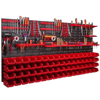 Immagine prodotto di Pannello portautensili a parete 172x78 cm con 68 pezzi. Scatole da appendere con set di supporti in plastica
