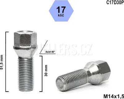 Obrázek produktu pro Kolový šroub M14x1,5x30 kužel, klíč 17, C17D30P, výška 51,5 mm