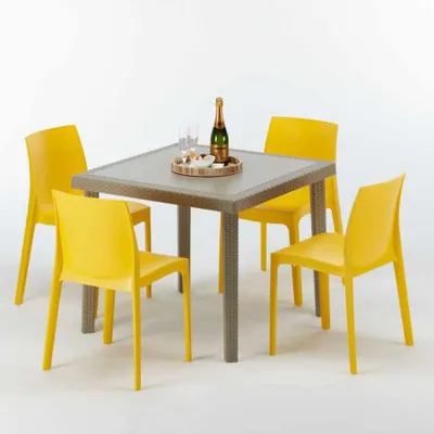 Produktbild von Polyrattan Tisch Quadratisch mit 4 Bunten Stühlen 90x90 Beige Elegance