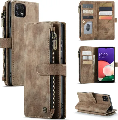 Image de Galaxy A22 5G Case,PolyuréthaneLeather Zippered Case, Magnetic Closure, Card Pocket, Stand, Wallet, Protective Case for Samsung Galaxy A22 5G Brown