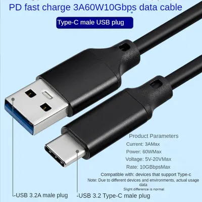 Productafbeelding van DrPhone UCA2 USB C naar USB A 3.1/3.2 Gen 2 Kabel - 10Gbps, 60W Snel Opladen, 1M