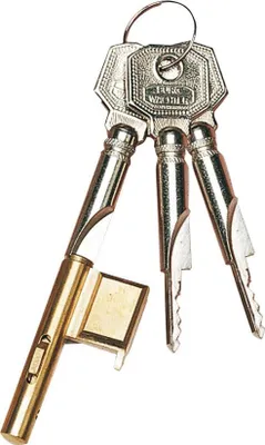 A set of three keys on a keyring, with one key partially inserted into a lock cylinder.