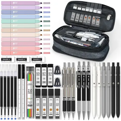 Produktbild von Schrein-Set 45 Teile mit Mäppchen, 12 Pastell Textmarker, 6 Druckbleistifte, 5 Gelstifte, Metall-Bleistifte 0,5/0,7/0,9/2,0mm, Minen, Radiergummi, Anspitzer