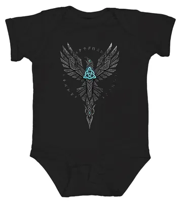 Immagine prodotto di Body per neonato, nero, con motivi vichinghi: aquila, rune, triquetra, elementi celtici e nordici, Odino, corvo, Valhalla. Taglia: 12/18 mesi