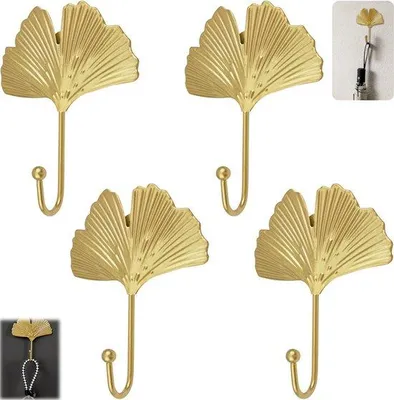 Produktbild von 4 Stück - Blattförmige Eisenhaken - Ginkgo Blattförmige Wandhaken - Einzelständer - An der Wand befestigbare Blattförmige Haken - Wohnaccessoires - Geeignet für Eingang, Bad, Schlafzimmer und Landhaus (Gold)