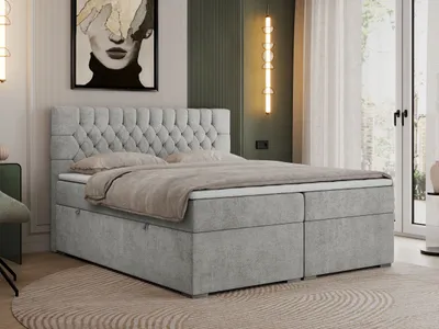 Produktbild von Boxspringbett 180x200 mit Matratze und Topper, Boxspringbett 180x200 mit Bettkasten und Kopfteil - PERA - 180x200 - Hellgrau - Struktur - H3