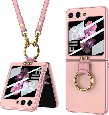 Obrázek produktu pro Pouzdro pro Samsung Galaxy Z Flip 6 / Z Flip 7 FE Tvrdé kožené kryt s ochrannou fólií na displej a popruhem s kroužkovým držákem Růžový