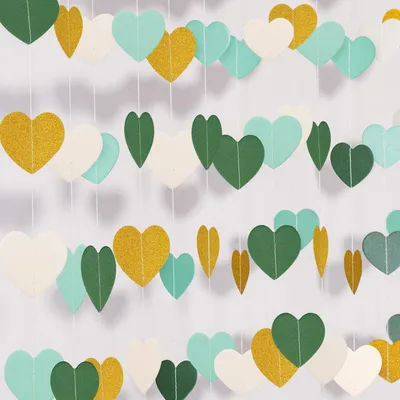 Productafbeelding van Papieren hartjesgirlande, glitters, goud, groen, wit, 16 meter