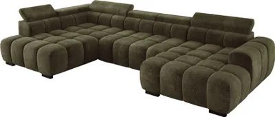Produktbild von DomoHome Modern Großes U‑Förmiges Ecksofa Stoff EDEN Grün Linke Seite 393×205×97 cm – Verstellbare Kopfstützen, Schlaf‑Optional, Minimalistisches Kubistisches Design