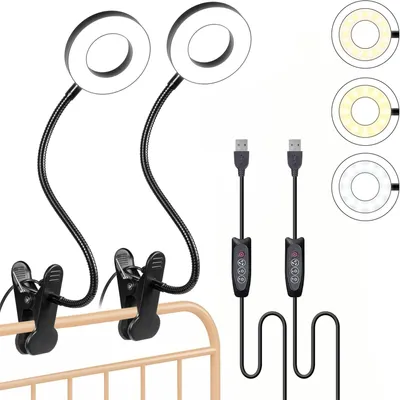Obrázok produktu pre Stolná lampa s klipom, 48 LED diód, 3 úrovne jasu, blokuje 99,9 % modrého svetla, čítacia lampa na posteľ, knihu, prácu, stôl (čierna, balenie po 2, bez)