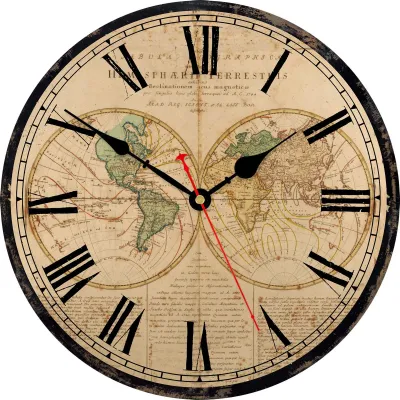 Obrázek produktu pro Vintage nástěnná hodiny s mapou světa, 20 cm
