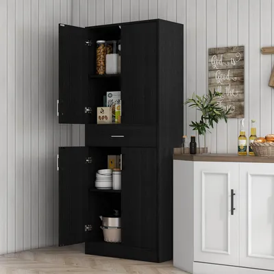 Zdjęcie produktu dla Szafka kuchenna, wysoka szafka typu "buffet" o nowoczesnym designie, wykonana z płyty MDF, z 4 drzwiczkami, 1 szufladą i regulowanymi półkami, kolor czarny, wymiary: 71 x 34 x 180 cm