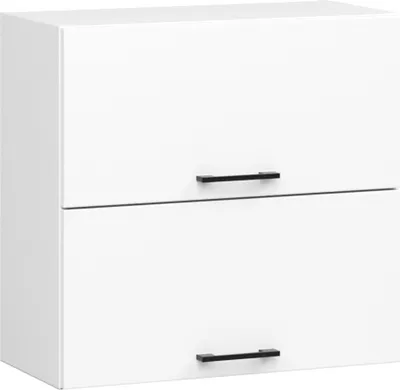 A white kitchen cabinet with two drawers and black handles, shown against a white background.