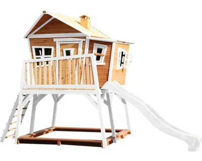 Obrázek produktu pro AXI Crooked Max Playhouse Brown/white - White slide, Domeček na hraní na sloupcích, 3 rok/roky, 1 dveře/dveří, Skluzavka, Hnědá, Bílá