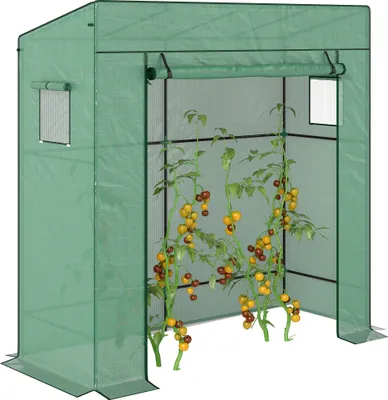 Image de Outsunny Serre de jardin PE, serre de balcon, bâche renforcée 140 g/m², châssis en acier, porte zippée enroulable, 2 fenêtres, pour légumes plantes fleurs, intérieur et extérieur, 196x77x197cm, vert