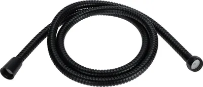 A black flexible hose coiled on a white background.