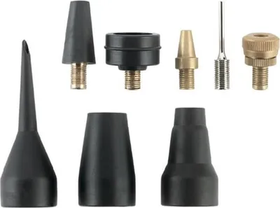 A collection of various air pump adapters arranged on a white background.