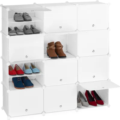 Produktbild von Relaxdays Schuhschrank, 24 Fächer mit Türen, Regalsystem für Schuhe, Kunststoff & Metall, HxBxT: 125 x 125 x 32 cm, weiß