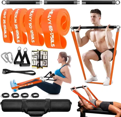 Zdjęcie produktu dla Zestaw do ćwiczeń - Gumy oporowe - Gumy fitness - Trening siłowy - Zestaw gum oporowych - Odpinana sztanga, 98 cm