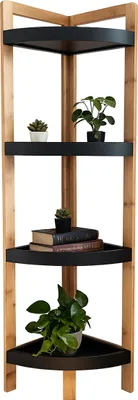 Produktbild von Relaxdays Eckregal Bambus, 4 halbrunde Ablagen, HBT: 105,5x23x23 cm, Standregal Bad & Küche, platzsparend, natur/schwarz