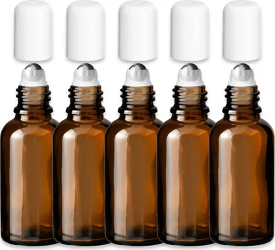 Produktbild von 5x Braune Glasflasche 30 ml Roll On mit weißer Kappe Kosmetikflaschen