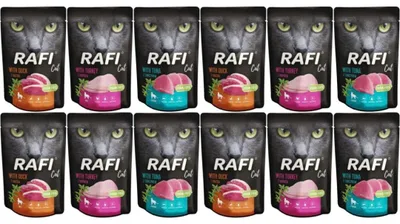 Produktbild von Rafi Nassfutter für Katzen Set 3 Geschmäcker Pute Ente Thunfisch Beutel 12x100g