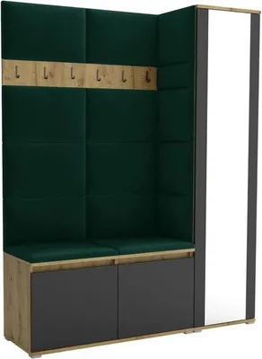 Productafbeelding van Garderobeset Noris VII met spiegel, beklede garderobe 145 cm, entree meubels met wandpanelen, schoenenkisten en opbergruimte (kleur: Artisan eik/zwart + Trinity 28)
