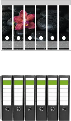 Produktbild von Wallario 6 Stück breite Ordner inkl. Klebeetiketten mit Motive Orchideen-Blüte auf schwarzen Steinen, benetzt mit Wasser-Tropfen -  Set mit Rückenschildern / Ordnerrücken Stickern