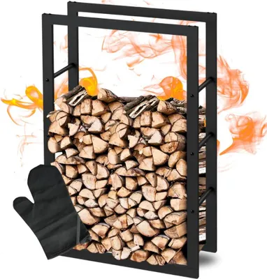 Produktbild von DELUKE® Kaminholzregal innen Metall KEOP | Schwarz | 60x25x100cm | Brennholzregal Inkl. Ofenhandschuh | Feuerholzregal Kaminholzhalter Holzständer Holzhalter Holzlager