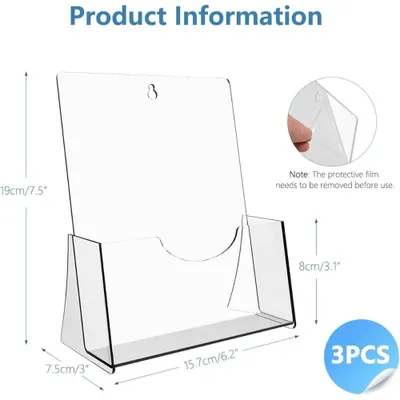Produktbild von A5 Acryl-Broschürenhalter - Freistehender Displayständer - Für Wand- Oder Tischaufstellung - Für Magazine, Flyer, Broschüren Und Speisekarten - 3er-Pack