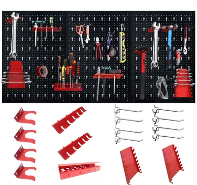 Productafbeelding van Gereedschapswand van metaal met een set van 17 haken, afmetingen 120 x 60 x 2 cm, zwart en rood