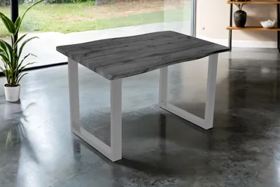 Produktbild von Esstisch Josy | 140 x 80 cm | Holz-Optik in Grau | U-Gestell Metall Silber | 40 mm Tischplatte mit Baumkante | Tisch für Esszimmer & Küche
