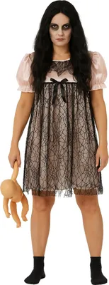 Produktbild von Gruselige Horrorpuppen-Verkleidung für Damen – Halloweenkostüm in Rosa und Schwarz, Größe:XL