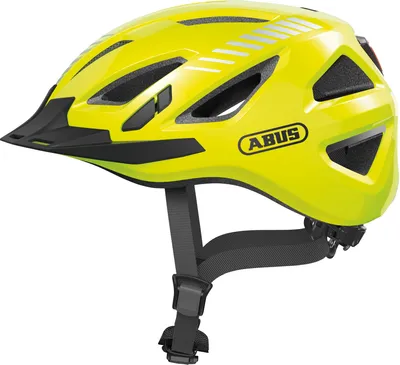 A bright yellow bicycle helmet with black accents and straps, shown from a side-angle on a white background.