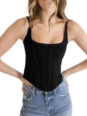 Produktbild von Imily Bela Figurbetontes Jeans-Top für Damen, ärmelloses Tanktop mit dünnen Trägern, kurzes Sommertop