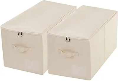 Produktbild von 2 Stück große faltbare Stoffaufbewahrungsboxen mit Reißverschlussdeckel für Queen/King Size Bettwäsche, Winterkleidung im Schlafzimmer Kleiderschrank, Beige