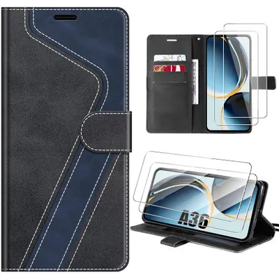 Image de Coque + 2 Verres Trempés pour Samsung Galaxy A36 5G, Anti-Rayures Antichoc Synthécuir Noir Bleu