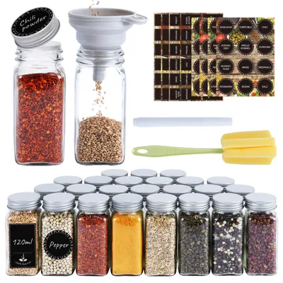 Produktbild von Verdego 24x Gewürzgläser 120 ml, quadratisch, mit Aluminiumdeckel & Streuaufsatz, Gewürzglas-Set inkl. Etiketten, Trichter, Stift & Bürste