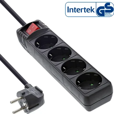 Produktbild von InLine® Steckdosenleiste, 4-fach Schutzkontakt, mit Schalter, schwarz, 1,5m