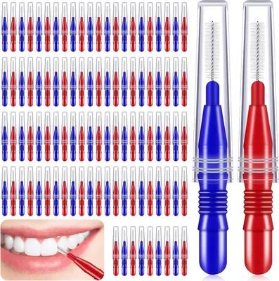 Produktbild von 100 Stück Interdentalbürsten Zahnstocher Dentalbürsten Zwischenraum Zahnbürste Zahnzwischenraumbürsten Interdentalbürste Zahnseide Zahnstocher Reiniger Zahnreinigung Werkzeug (Rot & Blau)