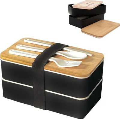 Produktbild von Intirilife Lunch Box Bento Box mit 3 Fächern und Besteck in Schwarz - 18.5. x 10.5 x 9.3 cm Brotdose mit Messer Gabel und Löffel Vorratsdose, Brotbox