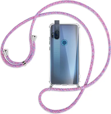 Produktbild von Handykette Backcover-Schutzhülle mit Band (Metall silberfarben) für Motorola One Hyper - lila/rosa/blau